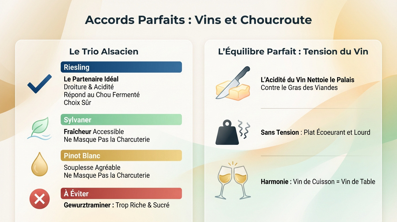 Verres de vin blanc sec d'Alsace servis avec une choucroute garnie traditionnelle