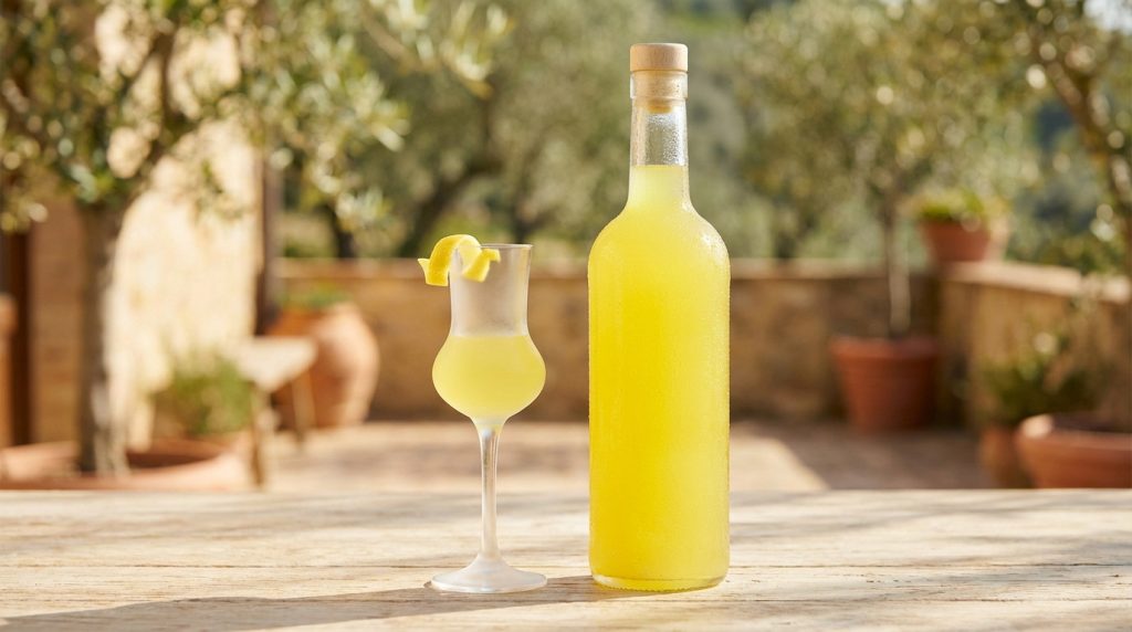 Verre de limoncello glacé avec citron frais, parfait pour une dégustation italienne