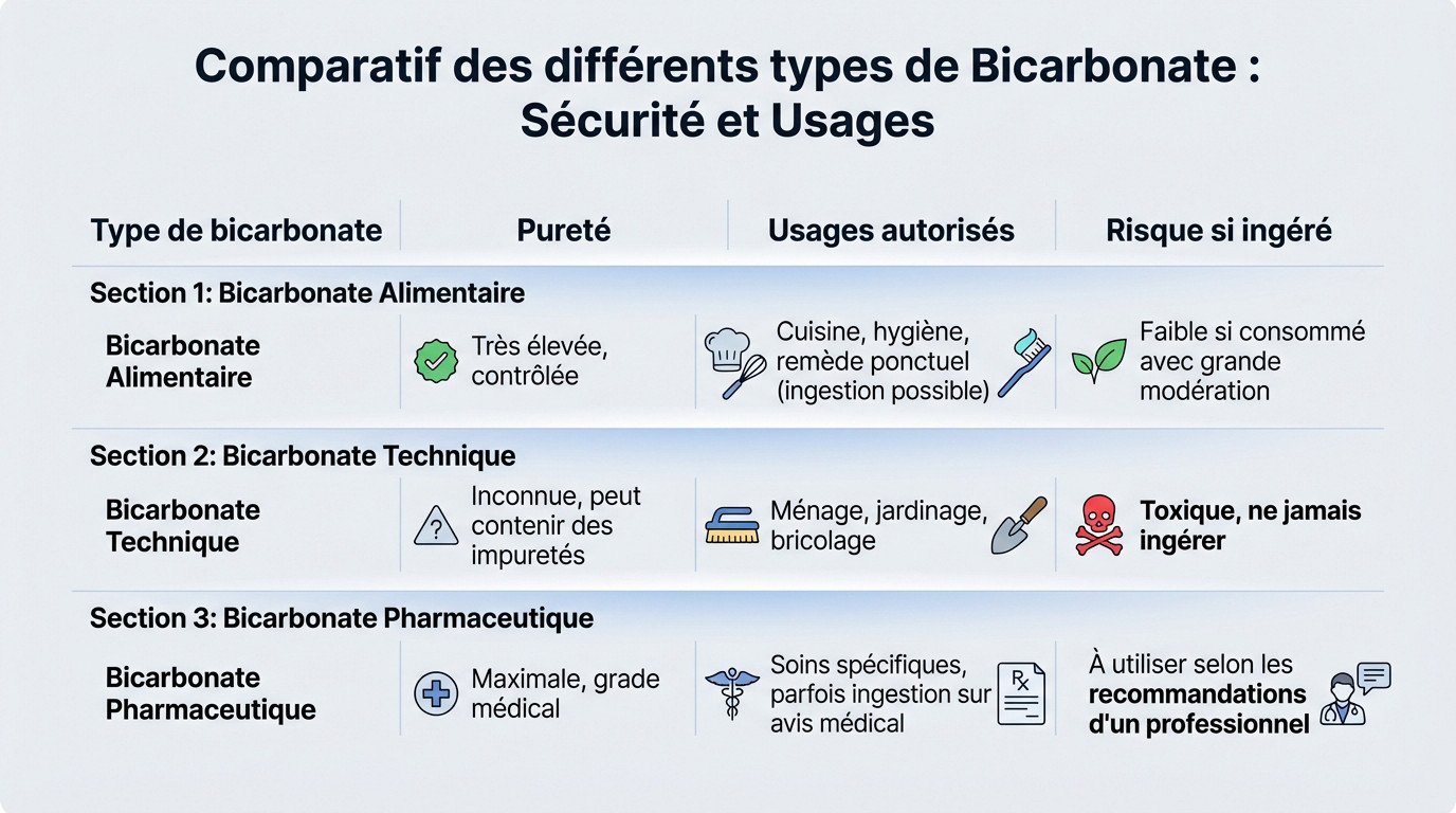 Tableau comparatif des types de bicarbonate de soude : alimentaire, technique et pharmaceutique avec leurs usages et risques