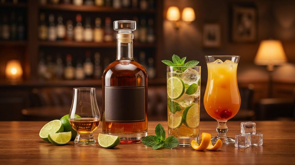 Verre tulipe rempli de rhum avec glaçon, mettant en valeur les arômes du spiritueux