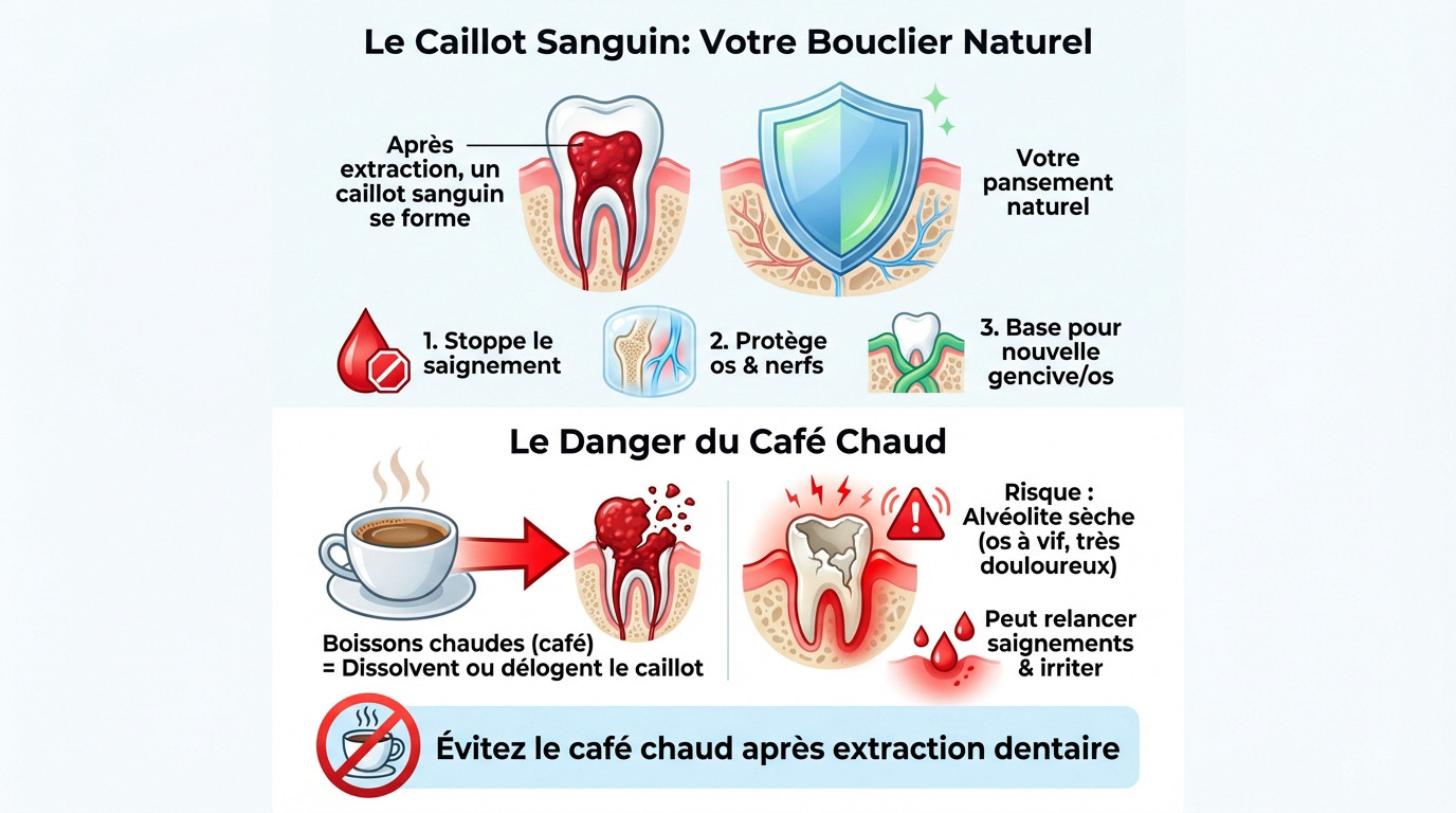 Tasse de café chaud à éviter après une extraction dentaire pour protéger le caillot sanguin