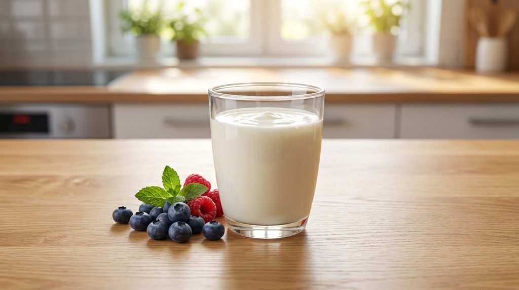 Un verre de kéfir frais sur une table en bois, symbole de santé intestinale quotidienne