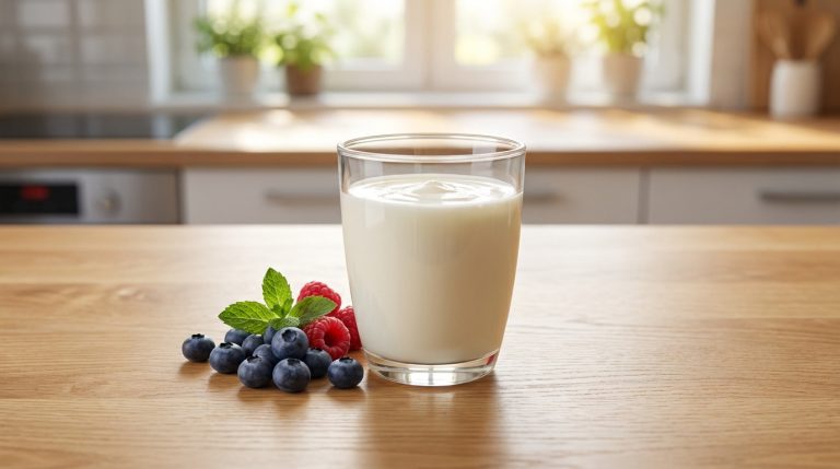 Un verre de kéfir frais sur une table en bois, symbole de santé intestinale quotidienne