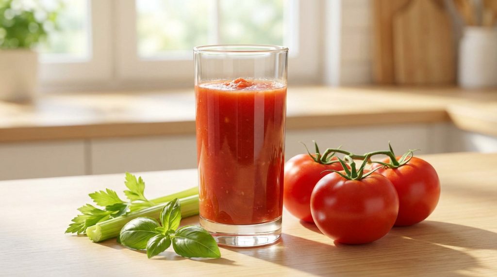 Verre de jus de tomate frais avec huile d'olive, optimisant les bienfaits du lycopène