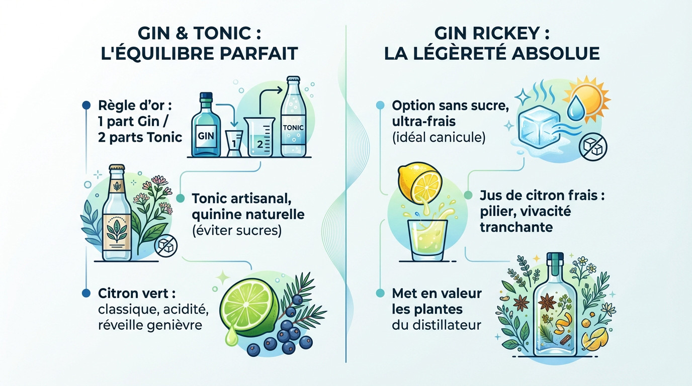 Verres de gin tonic et gin rickey avec garnitures de citron et glace