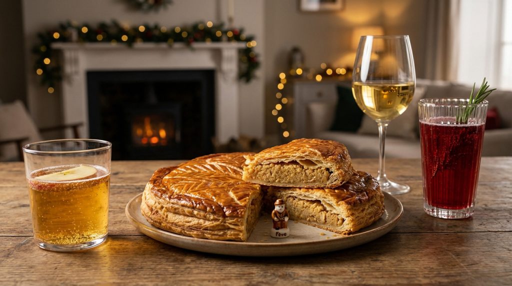 Galette des rois served with cider and champagne for perfect pairing