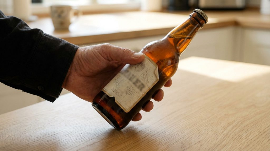 Bouteille de bière périmée de 1 an sur une table, illustrant la question de sécurité alimentaire