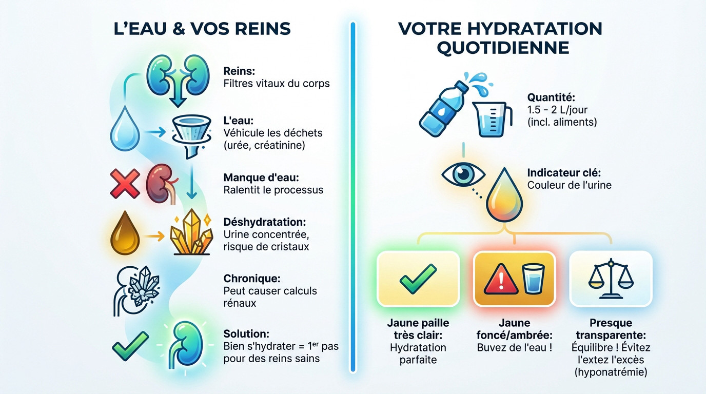 Schéma illustrant l'importance de l'hydratation pour la filtration rénale et la prévention des calculs