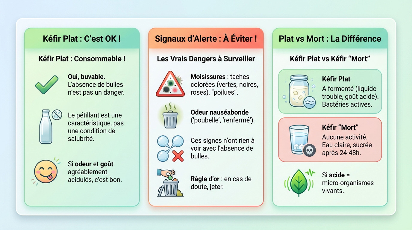 Infographie expliquant si un kéfir plat est consommable ou à éviter