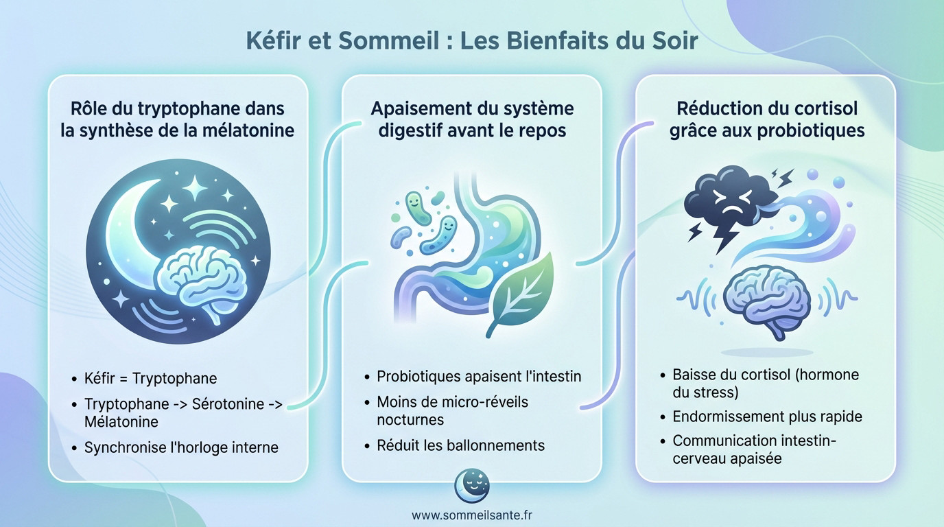Un verre de kéfir de lait frais avec des grains de kéfir à côté pour illustrer les bienfaits du soir