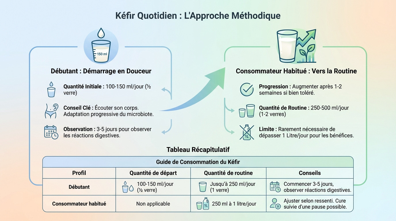 Verre de kéfir frais posé sur une table en bois avec des grains de kéfir, illustrant une routine saine