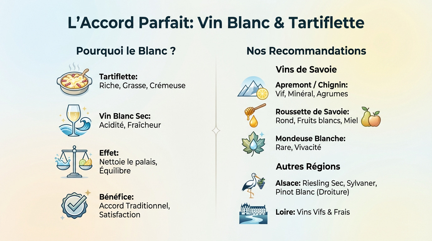 Bouteille de vin blanc de Savoie posée à côté d'une tartiflette gratinée au reblochon