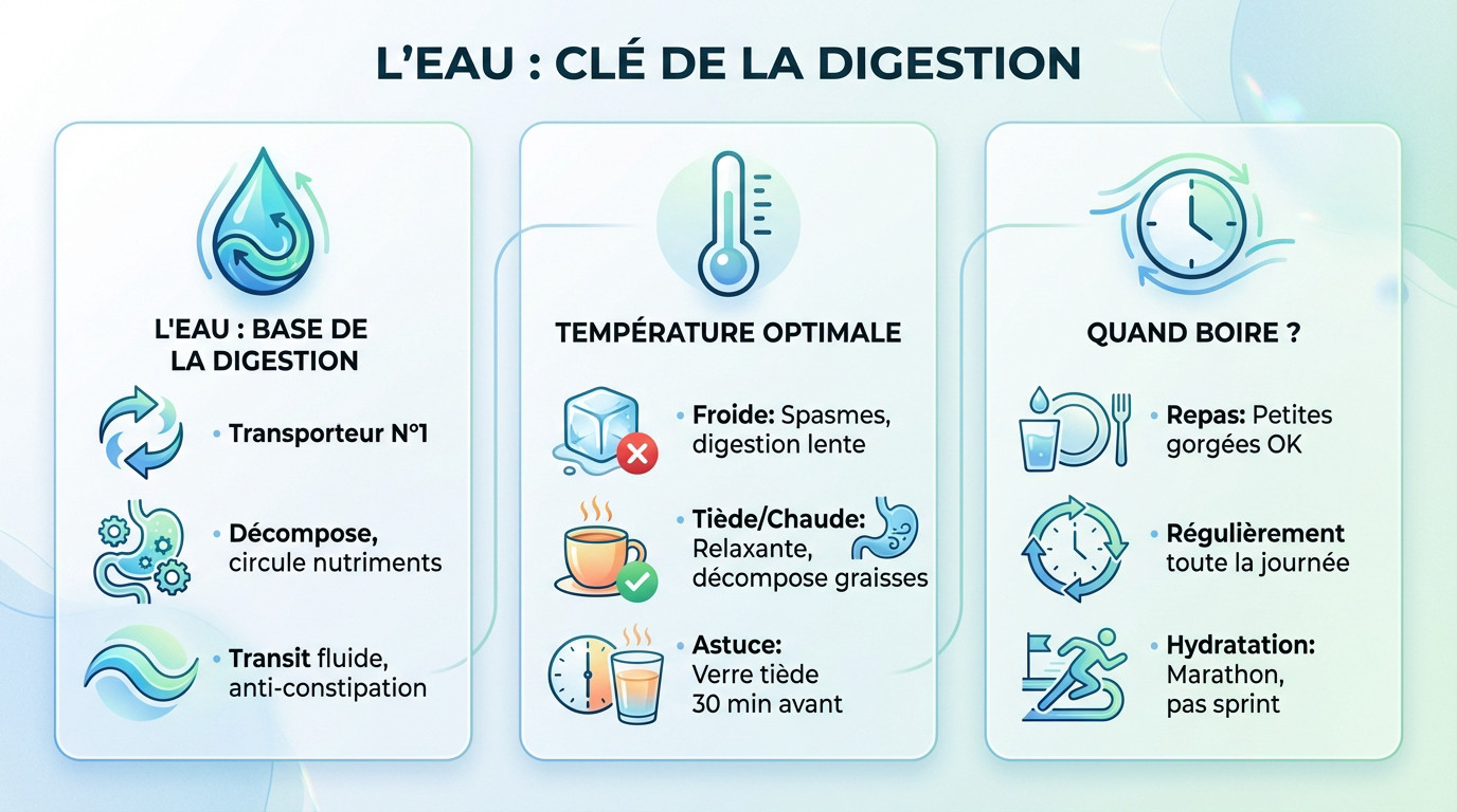Un verre d'eau fraîche posé sur une table en bois pour illustrer une bonne digestion
