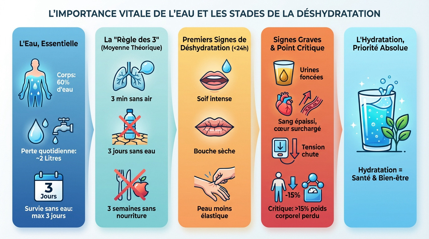 Schéma illustrant l'importance vitale de l'eau pour le corps humain et les stades de déshydratation