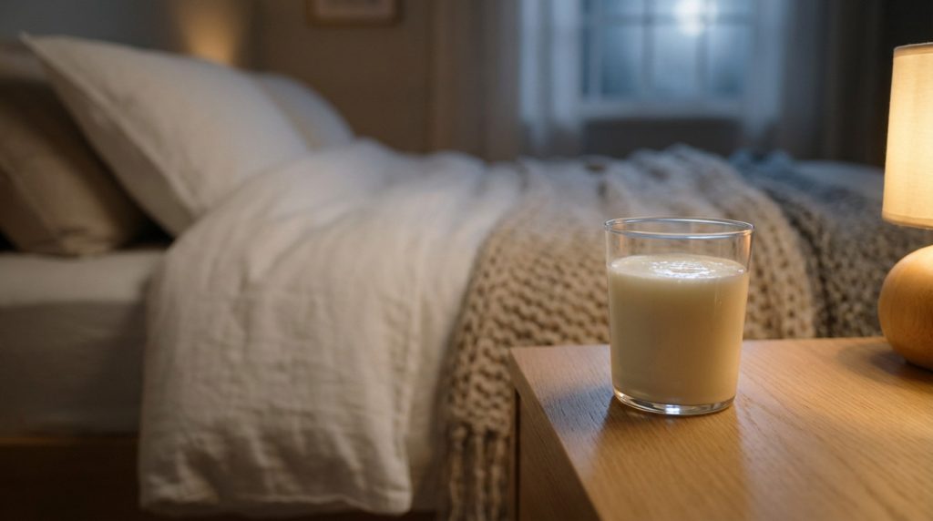 Un verre de kéfir sur une table, symbole de relaxation et de sommeil apaisé