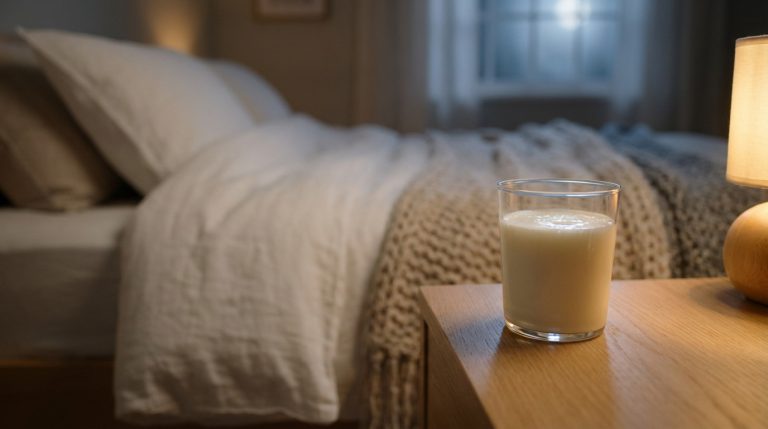 Un verre de kéfir sur une table, symbole de relaxation et de sommeil apaisé
