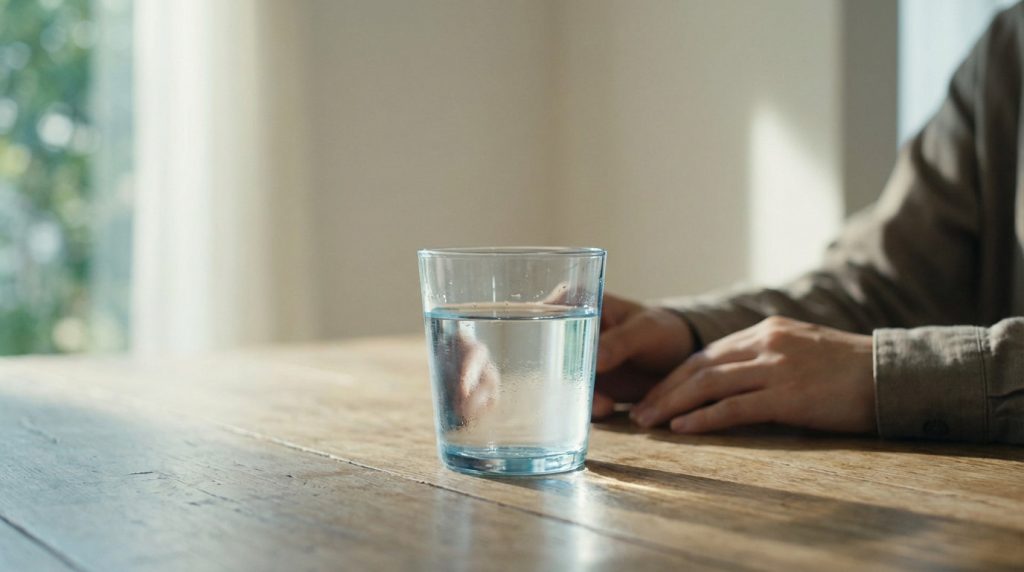Un verre d'eau sur une table, symbolisant l'hydratation pendant le Carême