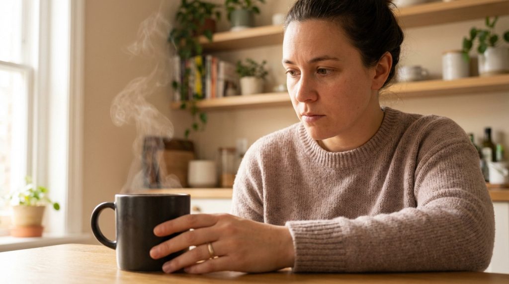 Café tiède à côté d'une tasse et d'une dent en cours de cicatrisation après extraction dentaire