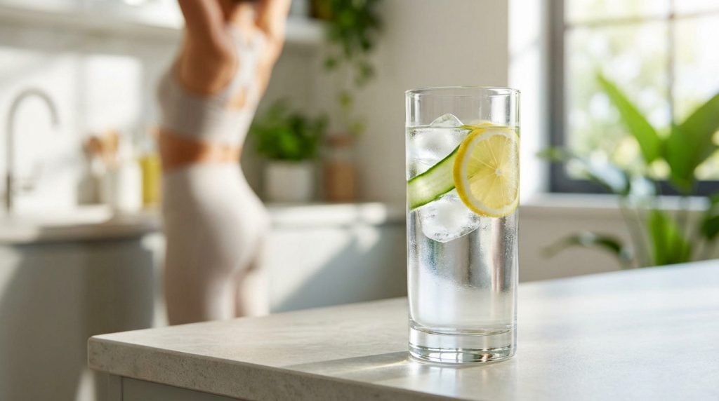 Un verre d'eau fraîche sur une table, symbole de l'hydratation pour la perte de poids