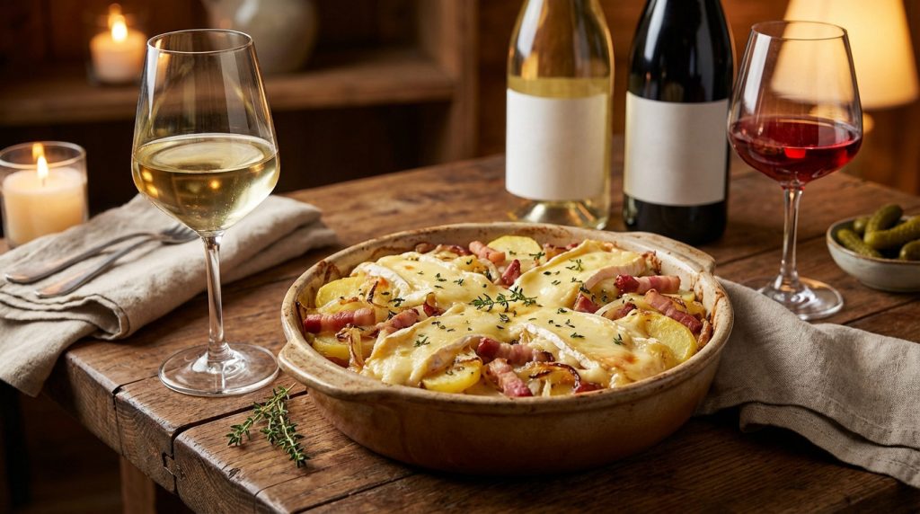 Bouteilles de vin blanc de Savoie accompagnant une tartiflette savoyarde