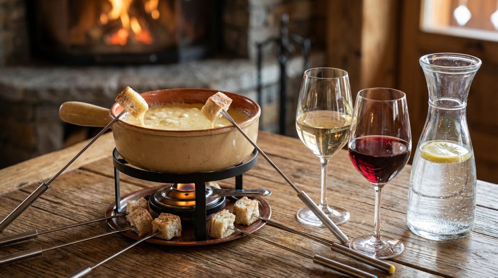 Accord parfait entre fondue savoyarde et vin blanc sec de Savoie