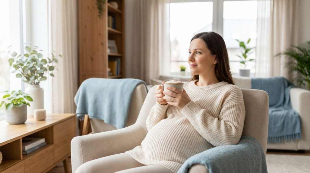 Femme enceinte savourant une tasse de café, symbolisant la modération de la caféine pendant la grossesse
