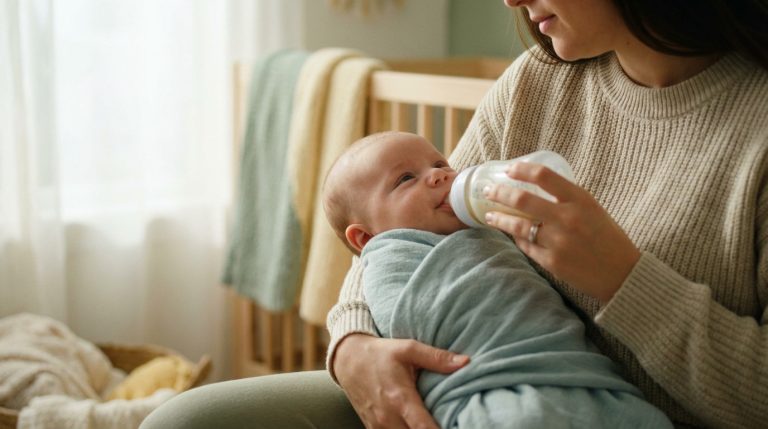 Bébé de 3 mois avec un biberon, illustrant les quantités de lait à consommer