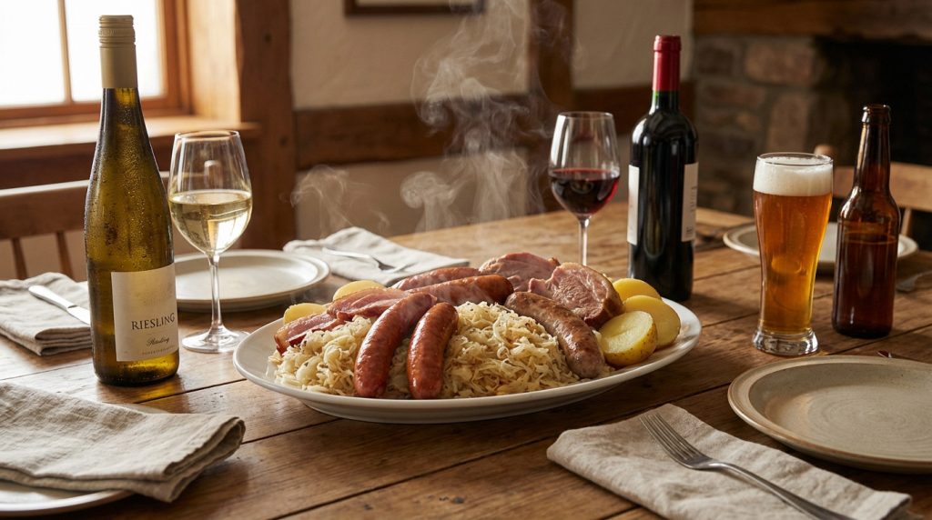 Verres de Riesling et Sylvaner accompagnant une choucroute garnie