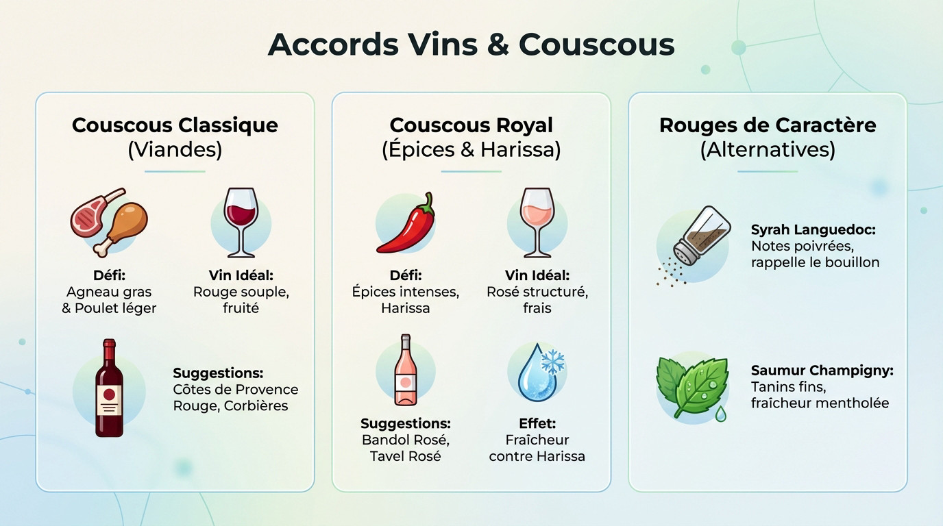 Assortiment de vins rouges et rosés pour accompagner un couscous royal aux légumes et viandes épicées