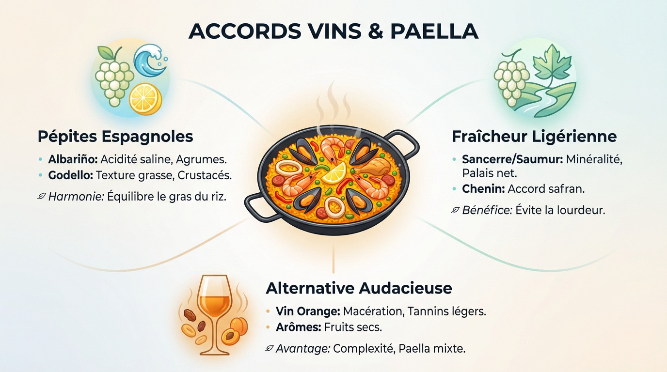 Verres de vin blanc sec accompagnant une paella traditionnelle aux fruits de mer