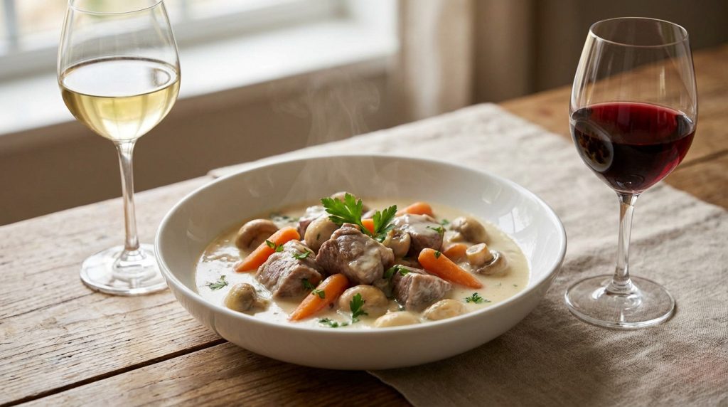Accord parfait entre blanquette de veau et vin blanc, mettant en avant un Chardonnay du Mâconnais