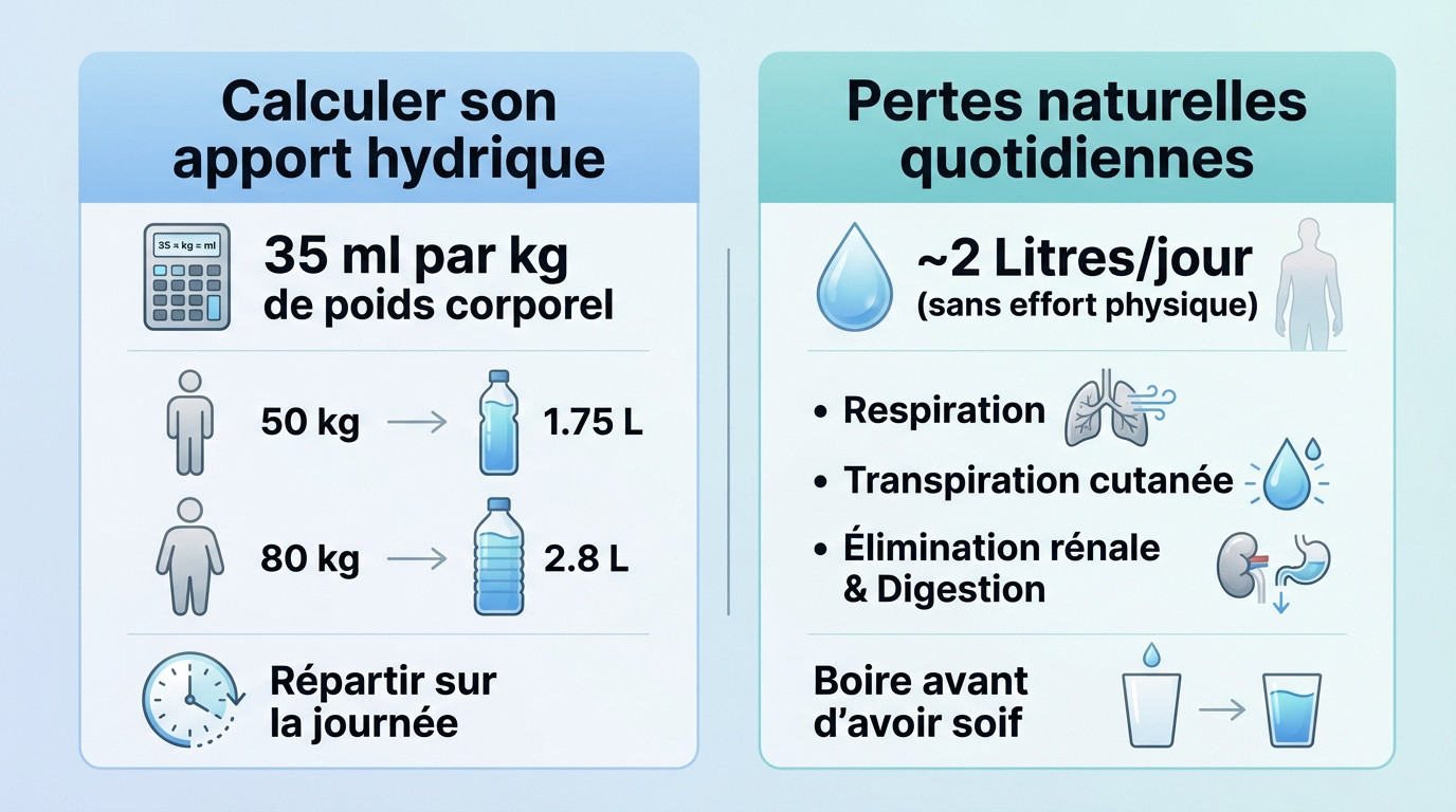Schéma illustrant le calcul des besoins en eau et les pertes quotidiennes