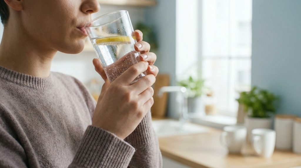 Un verre d'eau plate sur une table, symbolisant l'hydratation avant une prise de sang