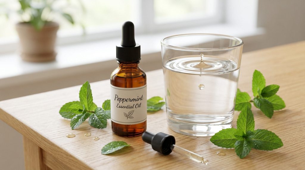 Bouteille d'huile essentielle de menthe poivrée sur un fond naturel, symbolisant ses bienfaits pour la digestion.