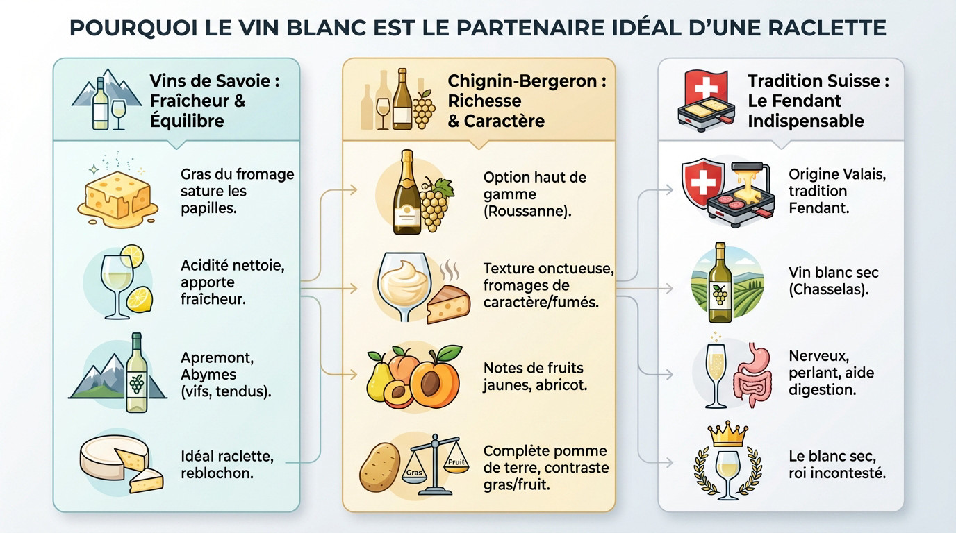Verre de vin blanc sec servi avec une raclette traditionnelle