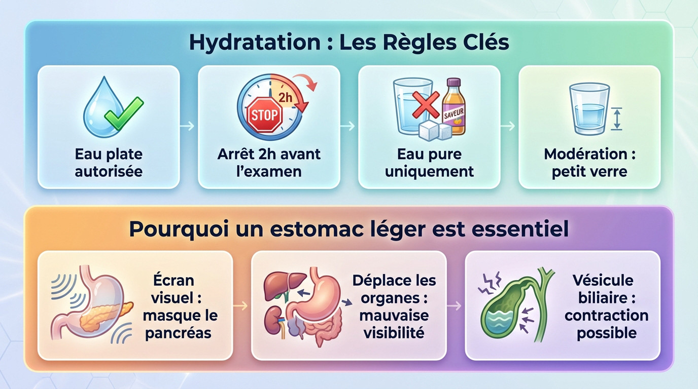 Verre d'eau et préparation pour une échographie abdominale réussie