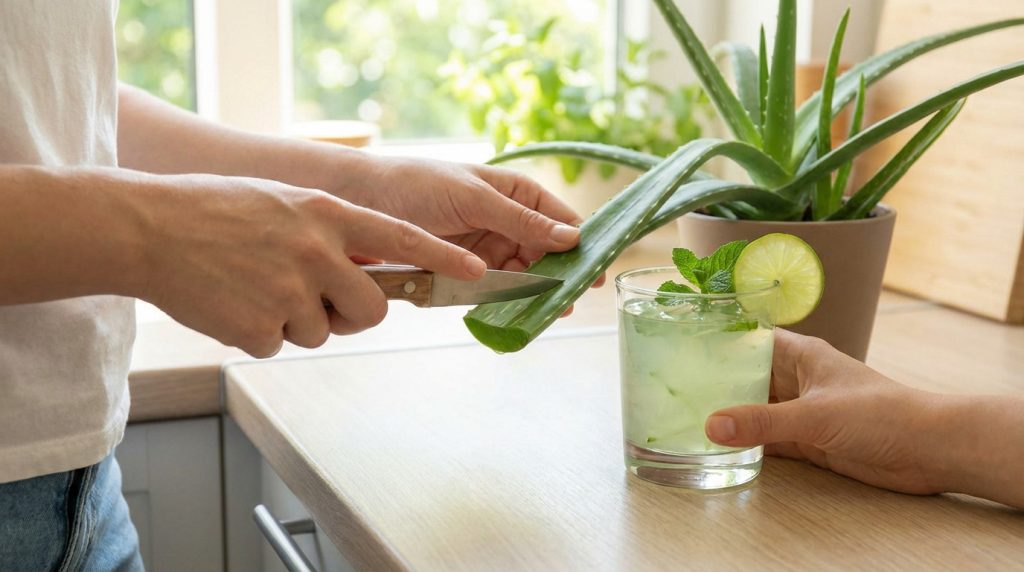 Gel d'aloe vera purifié dans un verre, bénéfique pour la digestion et l'immunité