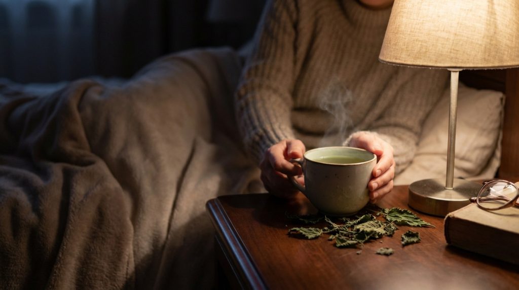 Tisane d'ortie dans une tasse, idéale pour une infusion relaxante sans caféine