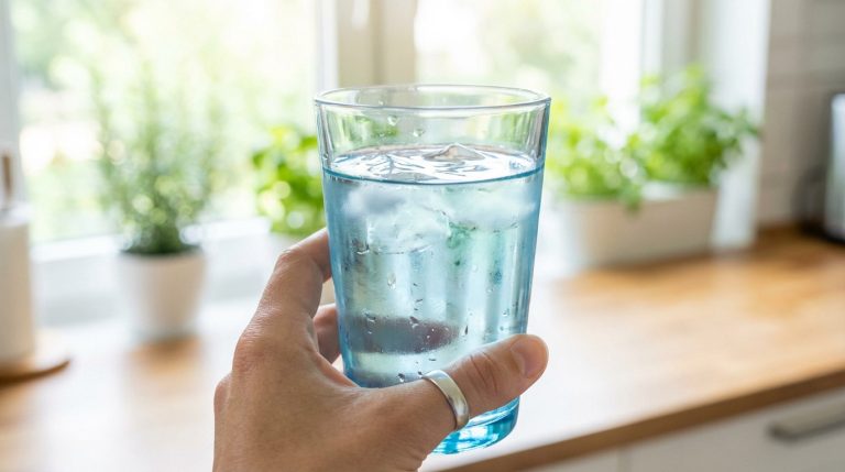 Person drinking water from a glass, illustrating daily hydration needs based on weight