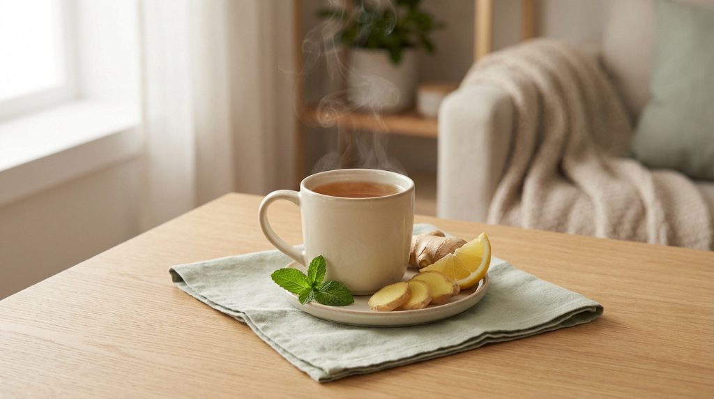 Infusion de camomille et verre d'eau pour soulager les douleurs d'estomac