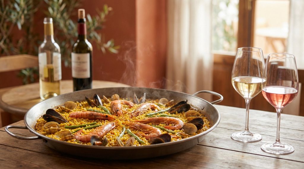 Paella garnished with seafood and vibrant vegetables, paired with a glass of Albariño wine