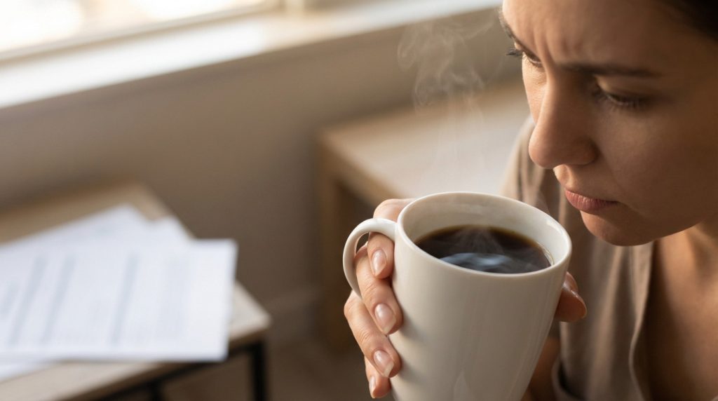 Café noir sur une table avec un verre d'eau, symbolisant les restrictions avant une prise de sang