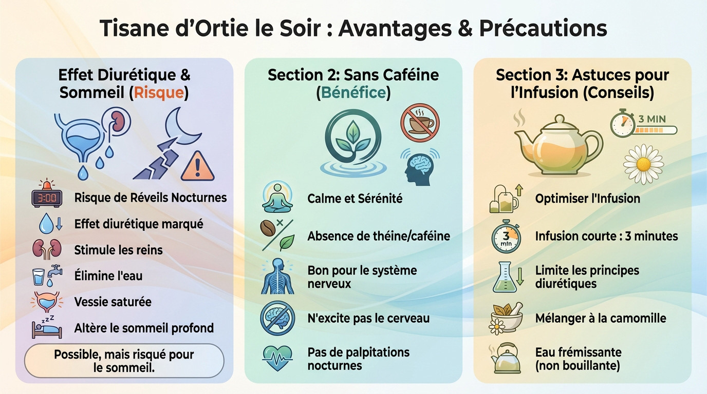 Tasse de tisane d'ortie fumante posée sur une table de chevet avec une lumière tamisée