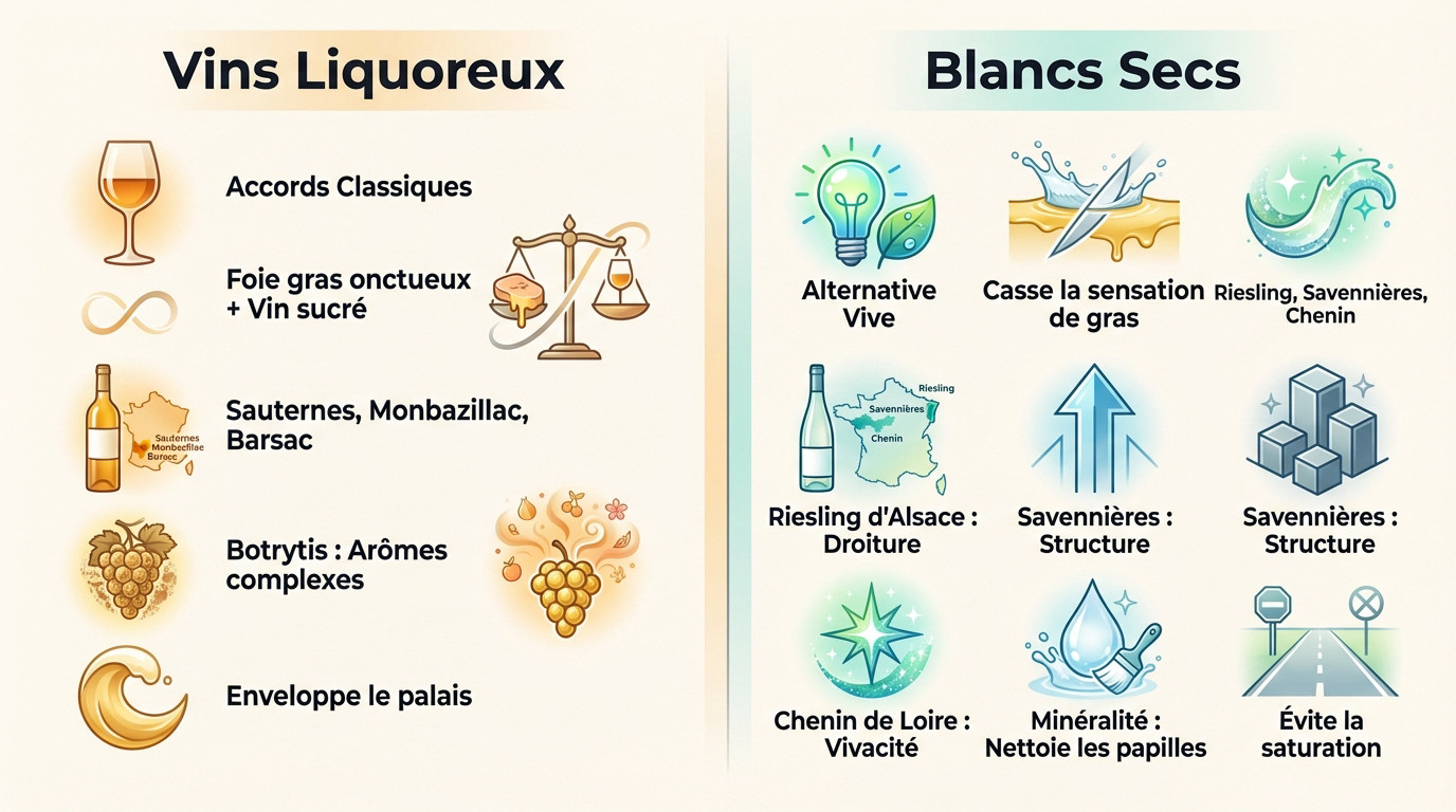 Comparaison entre vins liquoreux et blancs secs pour accompagner le foie gras